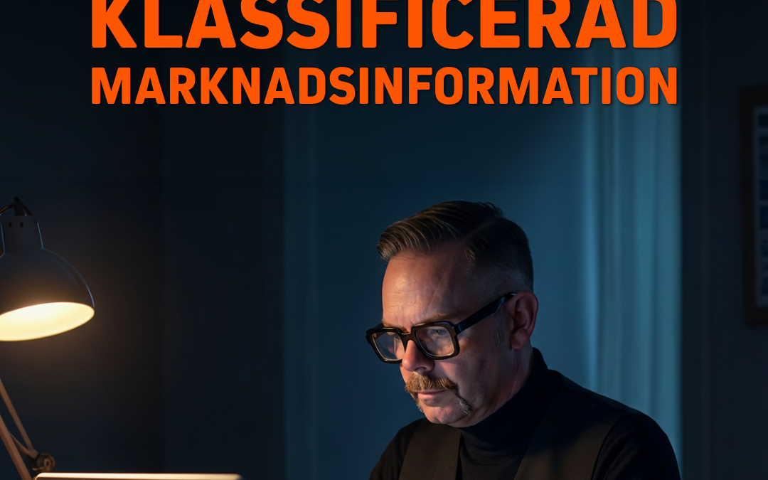 Man som arbetar vid dator med texten 'Hantering av reglerad och klassificerad marknadsinformation' i bakgrunden.