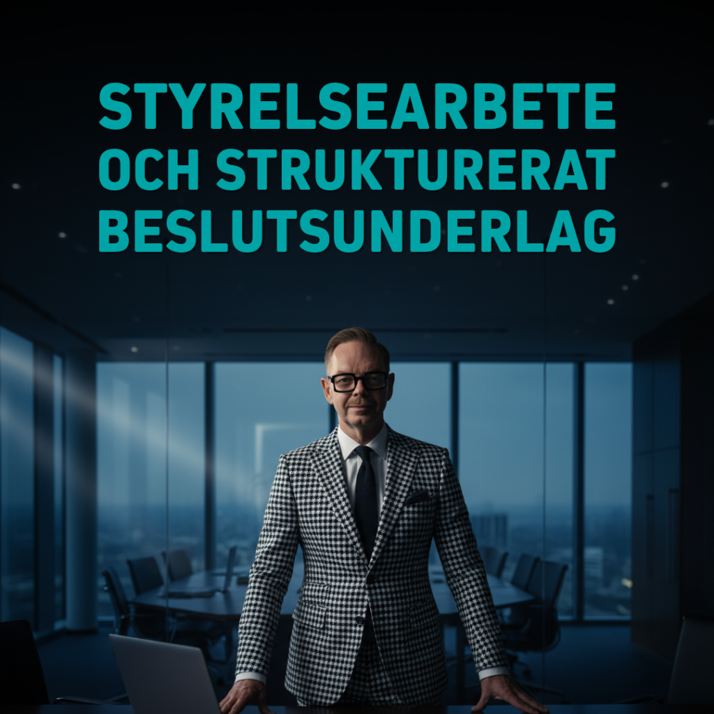 Man i rutigt kostymställande framför en glasvägg med texten 'Styrelsearbete och strukturerat beslutsunderlag'.