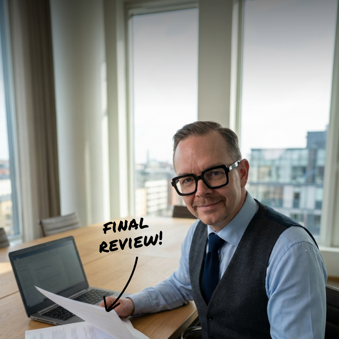 Joakim Dahl i glasögon, blå skjorta och grå väst vid ett bord med laptop och papper där ordet 'FINAL REVIEW' syns i bilden