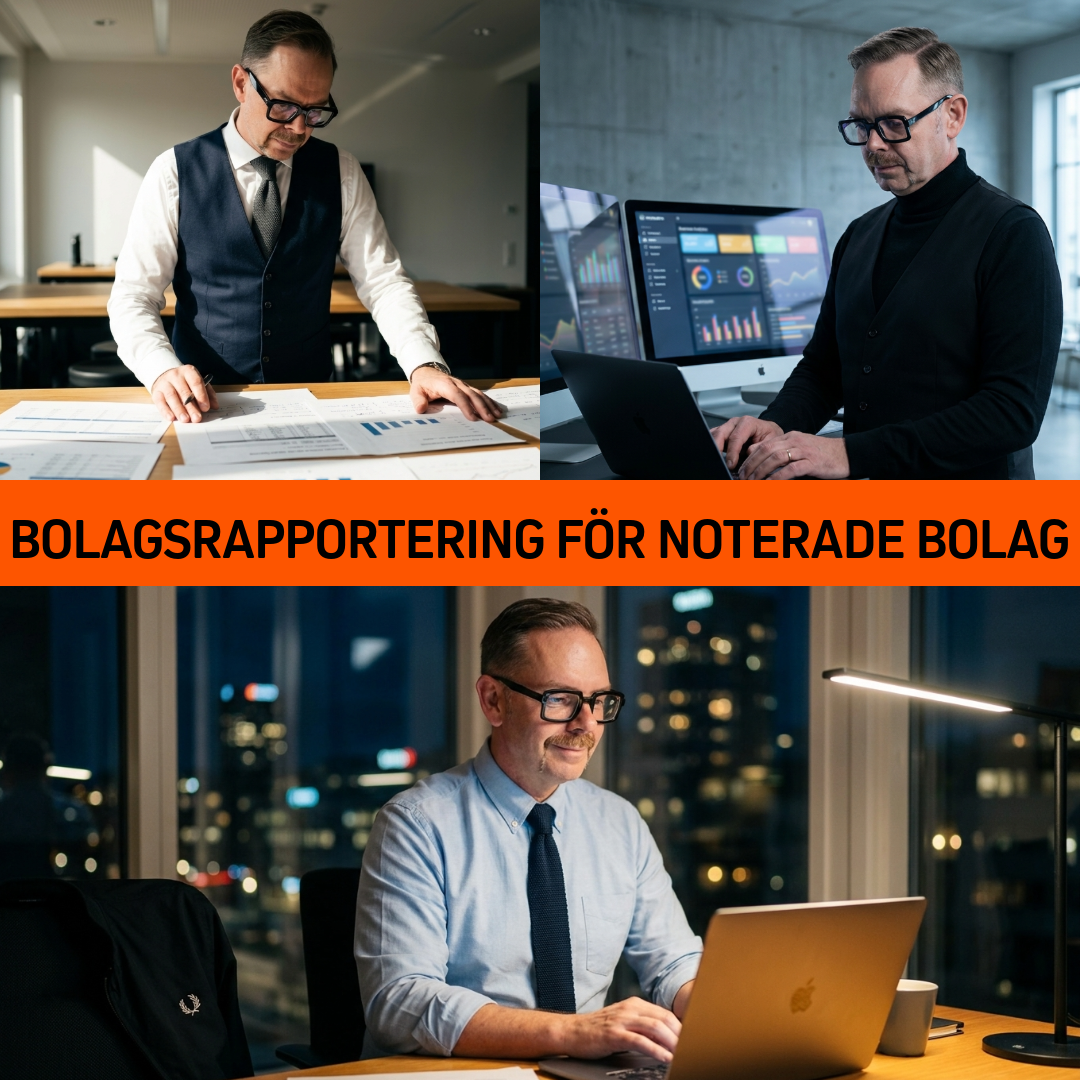 Joakim Dahl föreställs i en bild med tre paneler och en bred orange band med text, bär glasögon och mörk kostym medan han arbetar med rapportering för noterade bolag i praktiken
