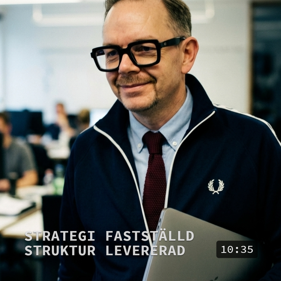 Joakim Dahl med svarta glasögon och mörkblå tröja, ljus skjorta och röd slips. Texten visar “STRATEGI FASTSTÄLLD” och “STRUKTUR LEVERERAD”, 10:35.