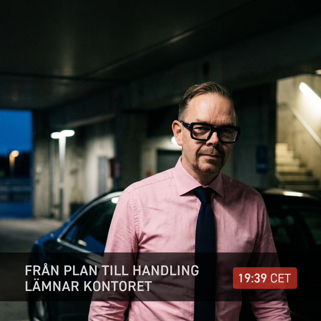 Joakim Dahl i rosa skjorta och mörk slips med glasögon i kontorsmiljö. Text: “FRÅN PLAN TILL HANDLING” och “19:39 CET”.
