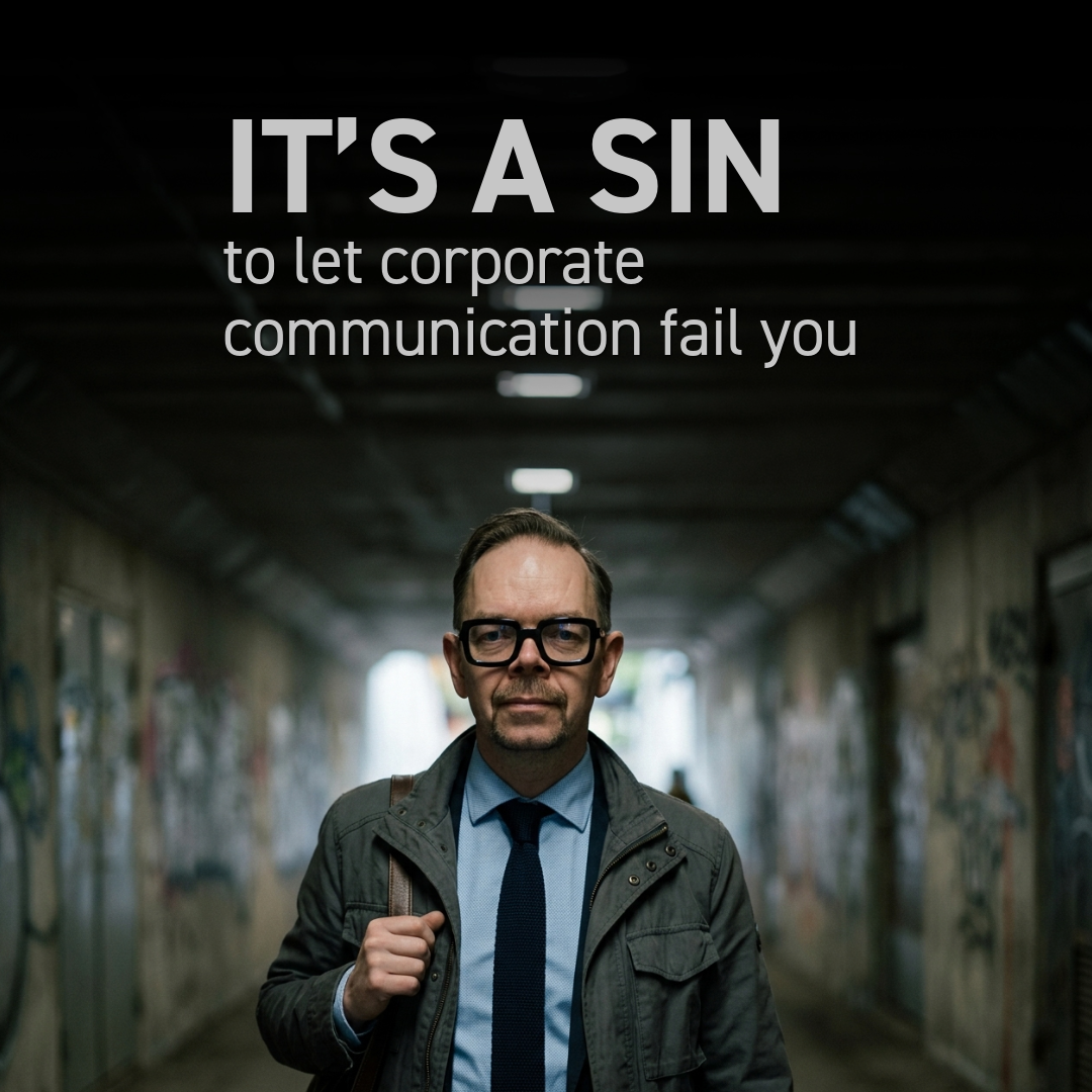“IT’S A SIN to let corporate communication fail you” – budskapet om tydlighet och struktur när bolagskommunikationen brister. Mörk korridor med oskarp bakgrund och texten “IT’S A SIN to let corporate communication fail you” som kopplar till tydlighet och struktur i bolagskommunikationen.