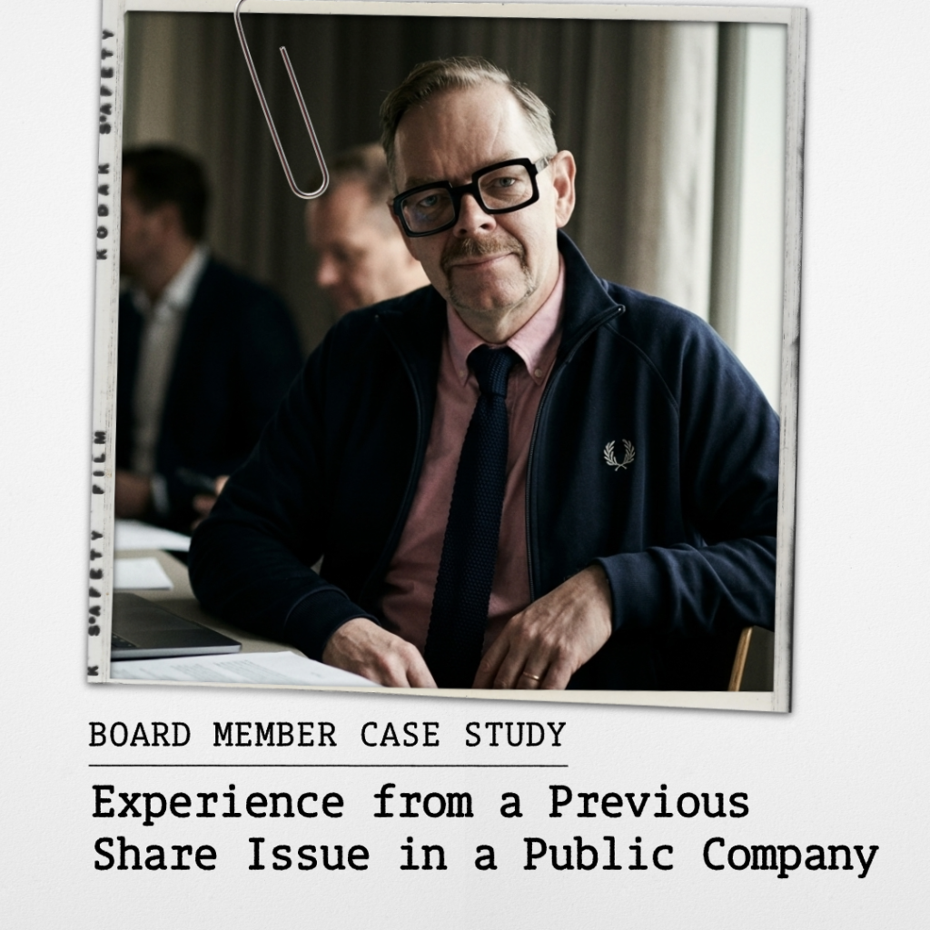 Porträtt med glasögon och mörk kostym med svart slips, samt rubrikerna Board Member Case Study och Experience from a Previous Share Issue.