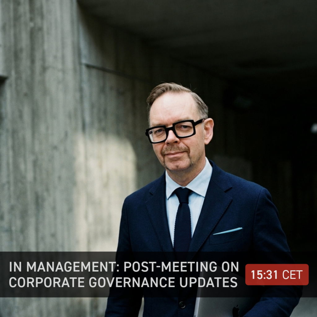 Person i blå kostym med glasögon framför neutral bakgrund, med texten “IN MANAGEMENT: POST-MEETING ON CORPORATE GOVERNANCE UPDATES” och tiden 15:31 CET.