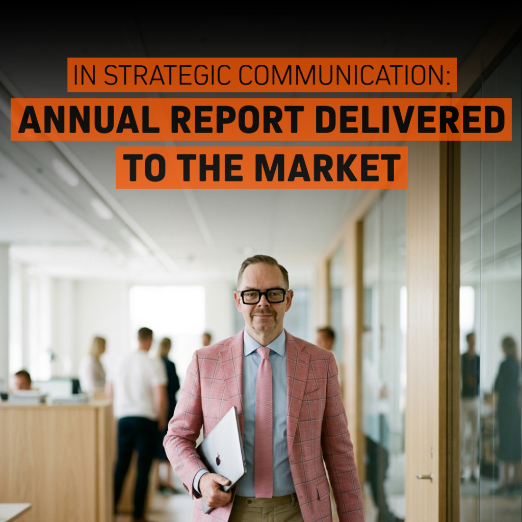 Strategisk kommunikation lyfter årsredovisningen som en tydlig marknadssignal. En man i rosa kavaj och slips går genom ett kontor med en laptop i handen under texten "IN STRATEGIC COMMUNICATION: ANNUAL REPORT DELIVERED TO THE MARKET".