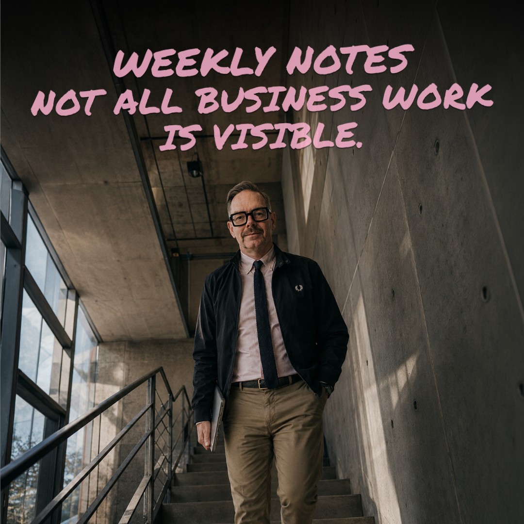 En man i mörk kostym går nedför en trappa under texten ”WEEKLY NOTES NOT ALL BUSINESS WORK IS VISIBLE.”